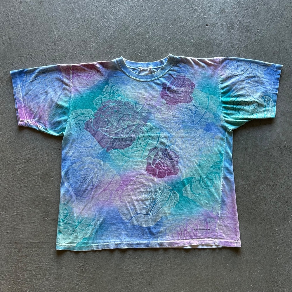 Vintage 90s Cherokee Rose Shirt Size XXL Tie Dye Blue All Over Print Floral